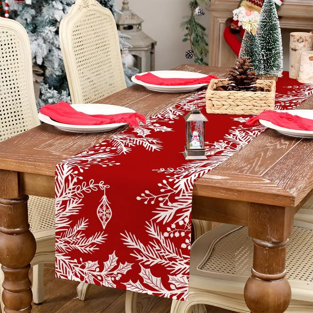 Christmas Floral Leaf Red Linen Table Runner, Winter Holiday Kitchen Dining Table Runner, Navidad Decorations