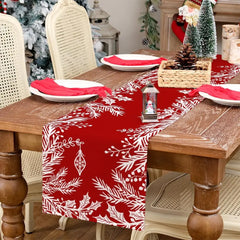 Christmas Floral Leaf Red Linen Table Runner, Winter Holiday Kitchen Dining Table Runner, Navidad Decorations