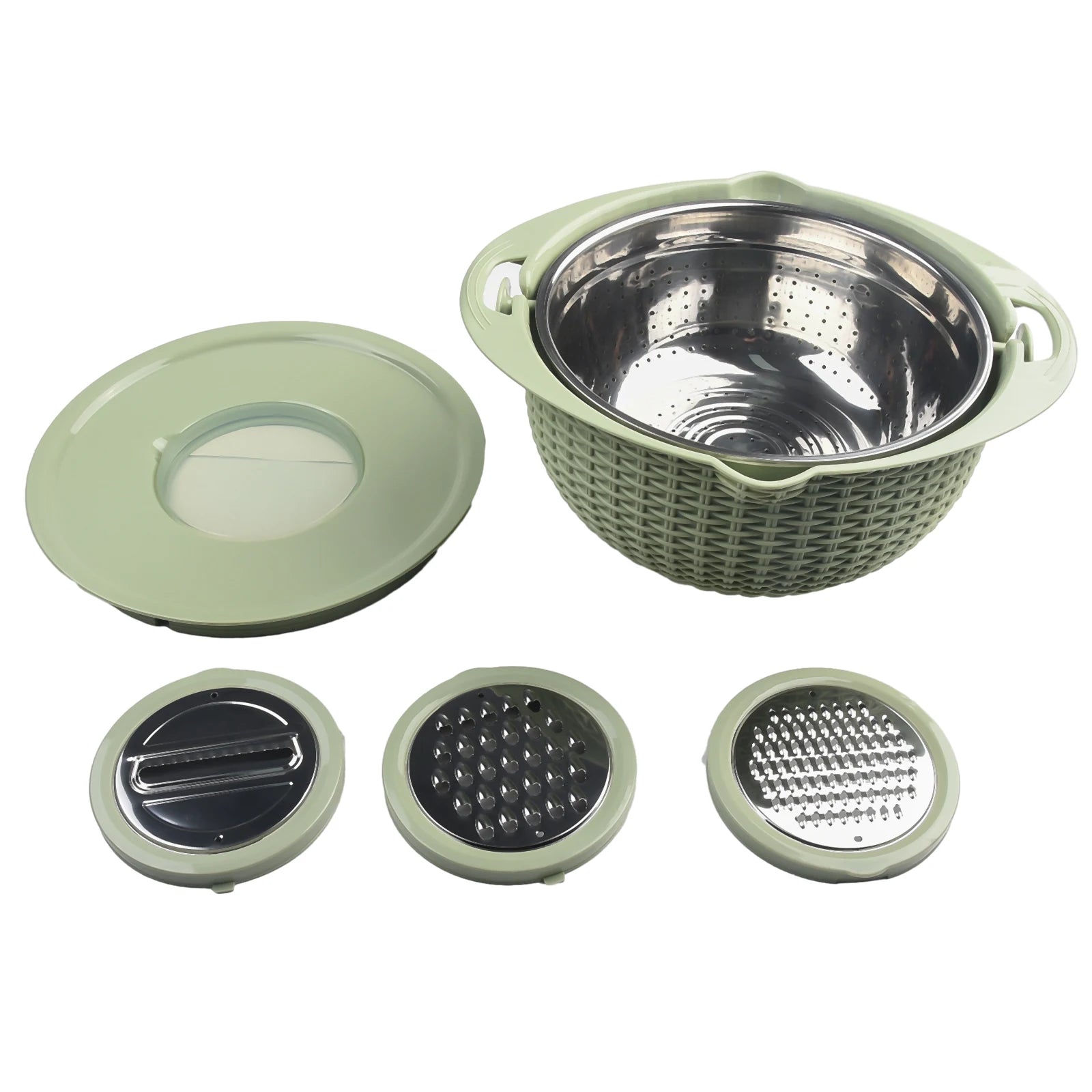 4 IN 1 Stainless Steel Colander With Mixing Bowl Set Multifunctional Double Layer Rotatable Salad Spinner.