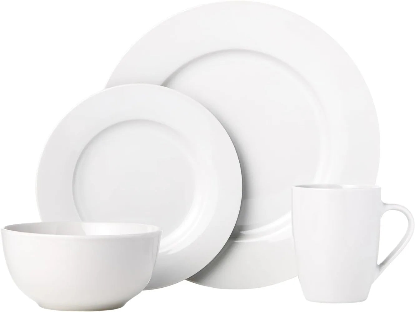 Basics 16-Piece Porcelain Kitchen Dinnerware Set with Plates, Bowls and Mugs, Service.