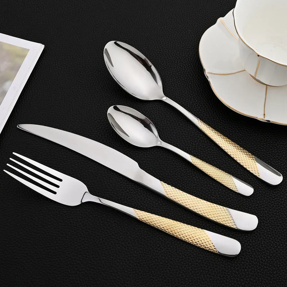 24Pcs Flatware Sets Stainless Steel Dinnerware Western Kitchen Cutlery Knife Fork Tea Spoon, Silver Tableware Dinner Set.