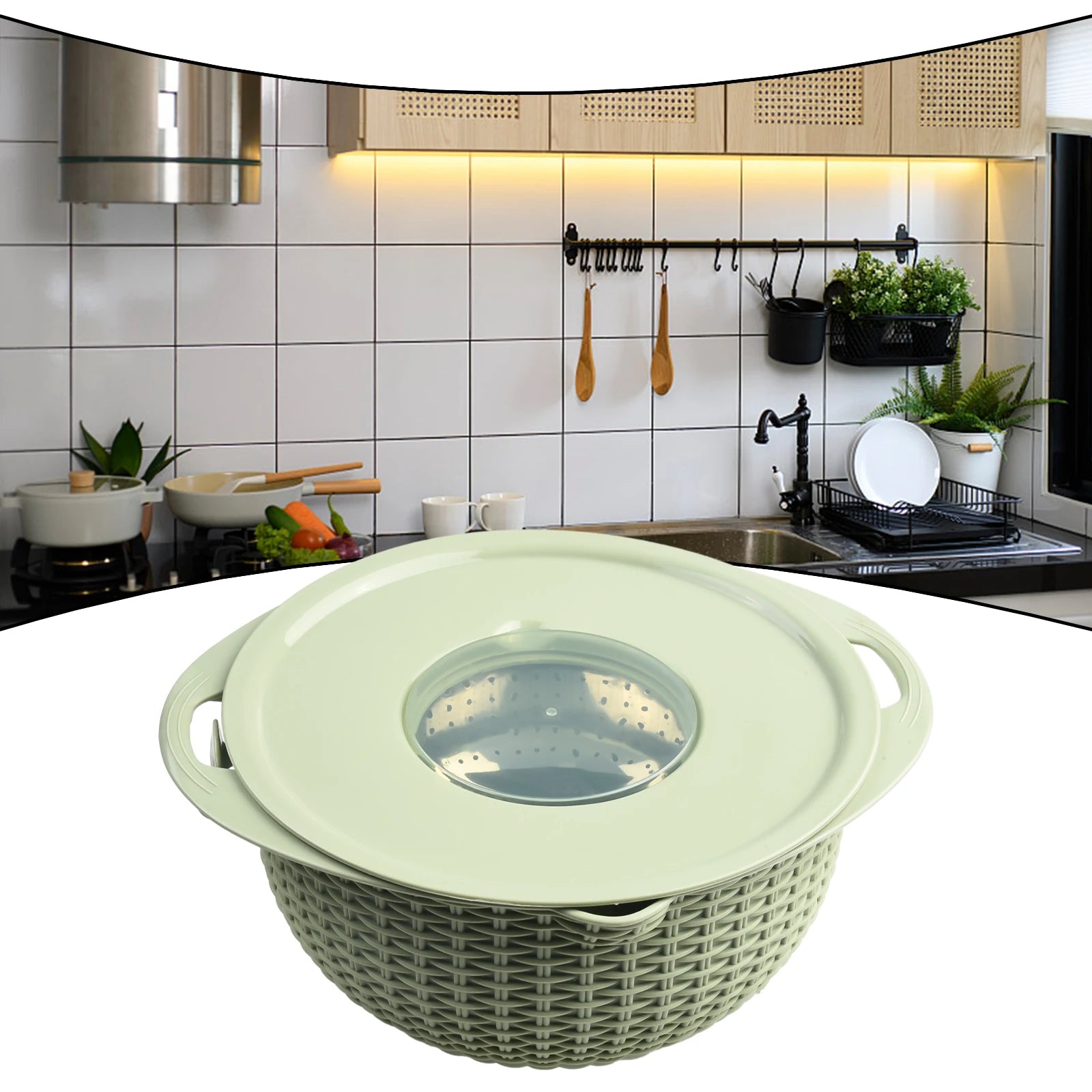 4 IN 1 Stainless Steel Colander With Mixing Bowl Set Multifunctional Double Layer Rotatable Salad Spinner.