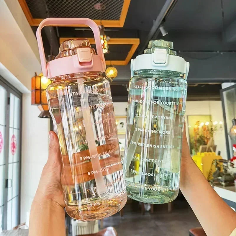 2L Large Capacity Plastic Water Cup Straw Water Bottle Portable Drink Bottle with Time Marker for Outdoor Sports Fitness.