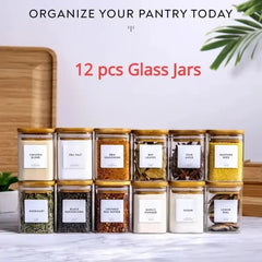 12 Pcs Square or Round Glass Food Storage Containers, Glass Seasoning Jars with Bamboo Lid and Printed Labels.