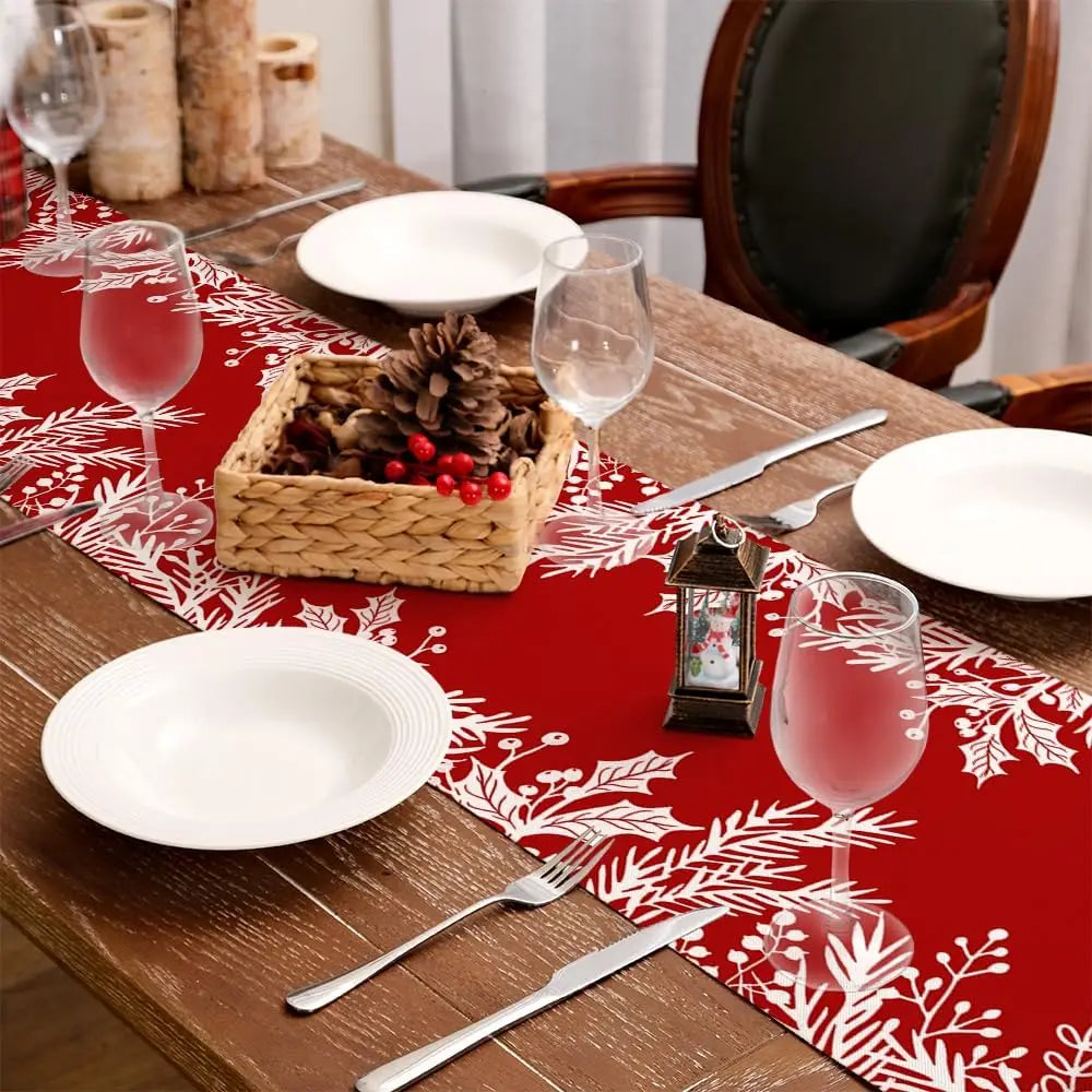 Christmas Floral Leaf Red Linen Table Runner, Winter Holiday Kitchen Dining Table Runner, Navidad Decorations