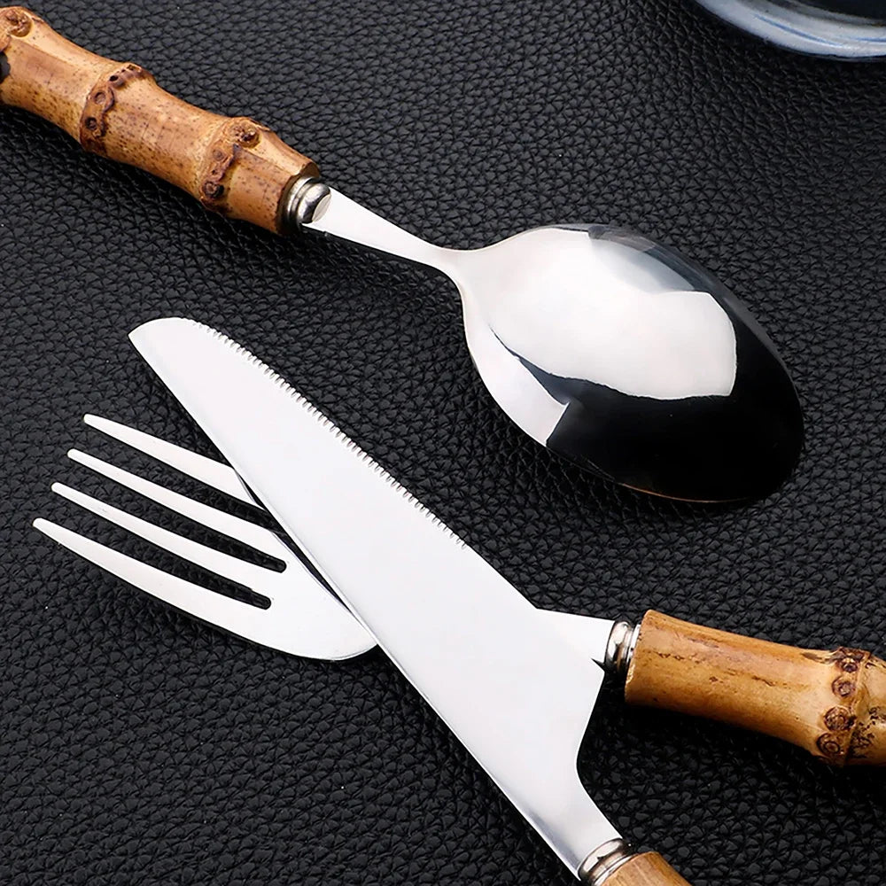 24Pcs Bamboo Tableware Sets Stainless Steel Bamboo Cutlery Set Purely Natural Handle Flatware Set.