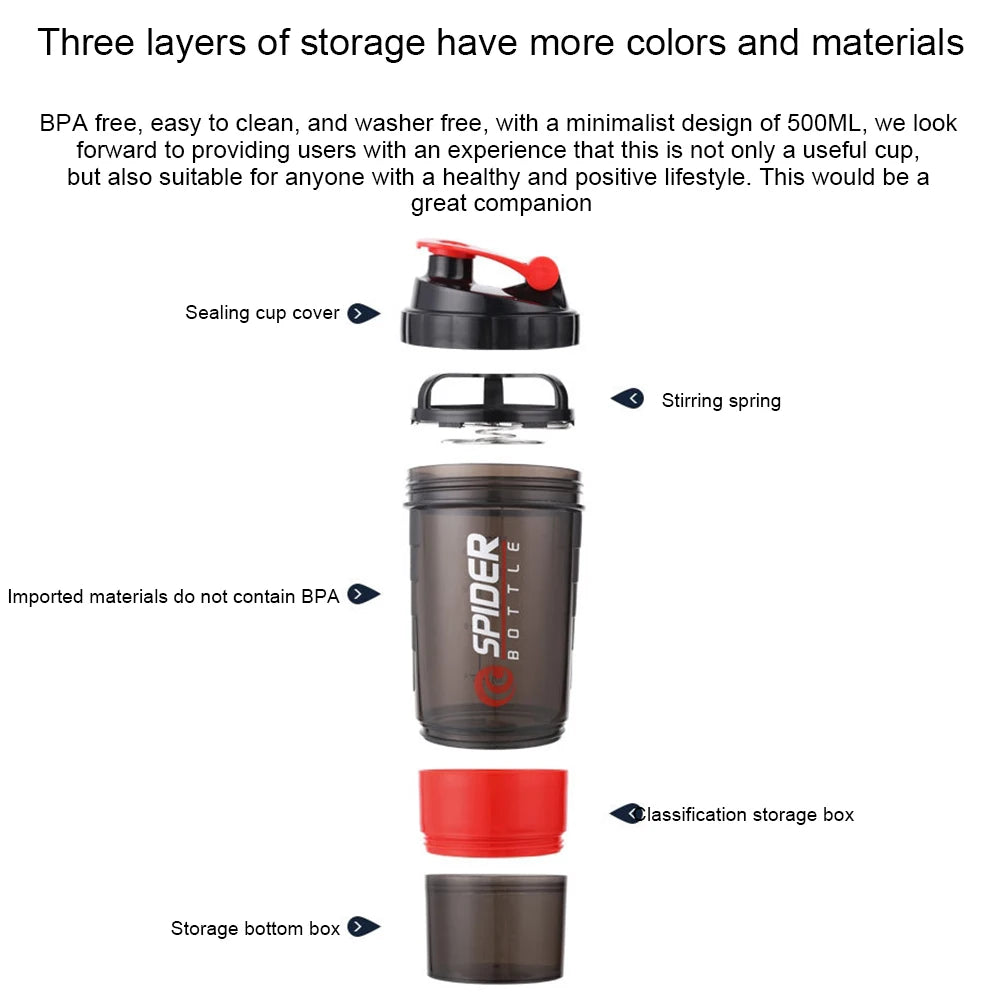 500ML Shaker Bottle Leak-proof Workout Shake Cup With Mixer Gym Sports Shaker Water Bottle With Pill Supplement Storage.