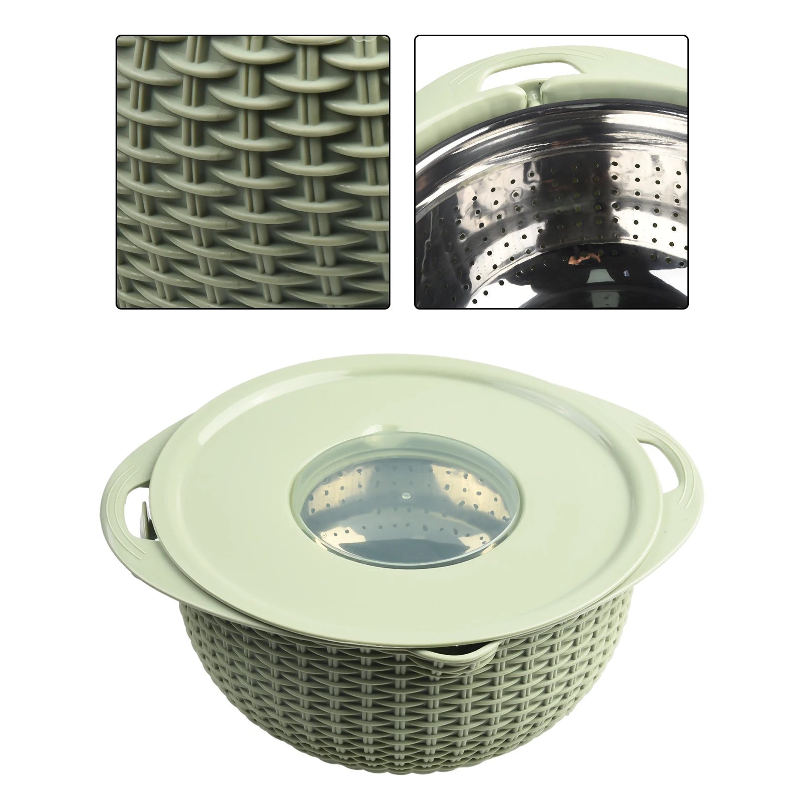 4 IN 1 Stainless Steel Colander With Mixing Bowl Set Multifunctional Double Layer Rotatable Salad Spinner.