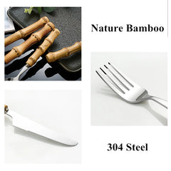 Dinnerware Sets Original Nature Bamboo Handle Stainless Steel Upscale Cutlery Fork Spoon