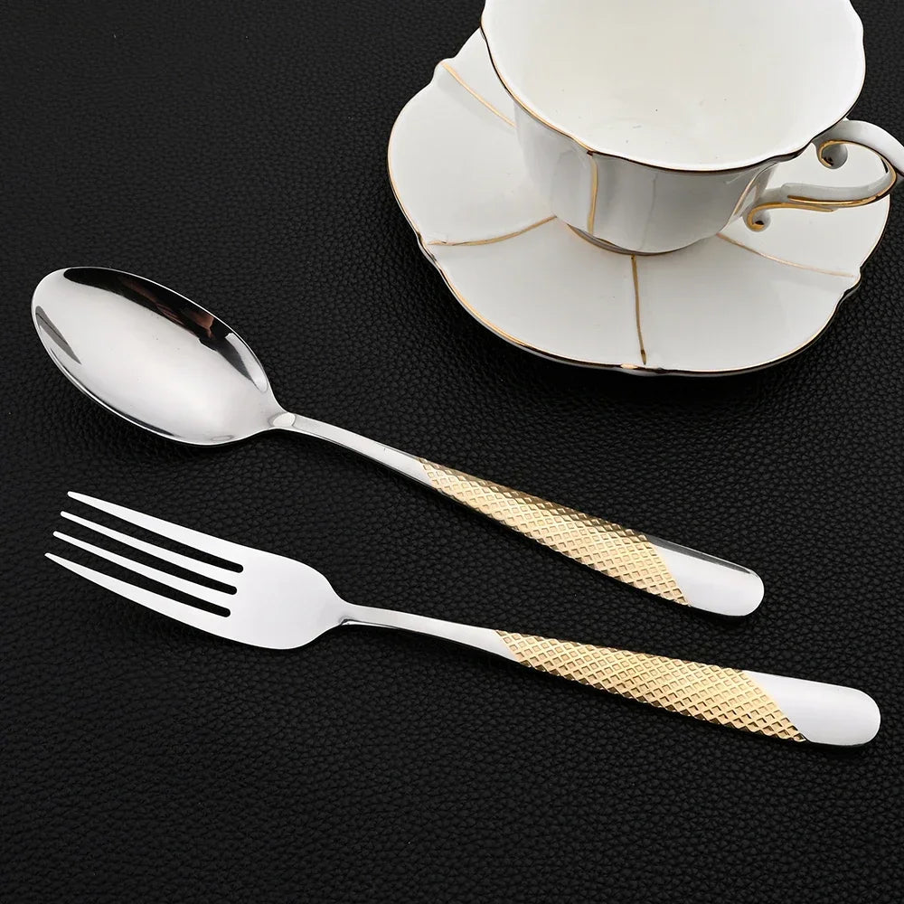 24Pcs Flatware Sets Stainless Steel Dinnerware Western Kitchen Cutlery Knife Fork Tea Spoon, Silver Tableware Dinner Set.