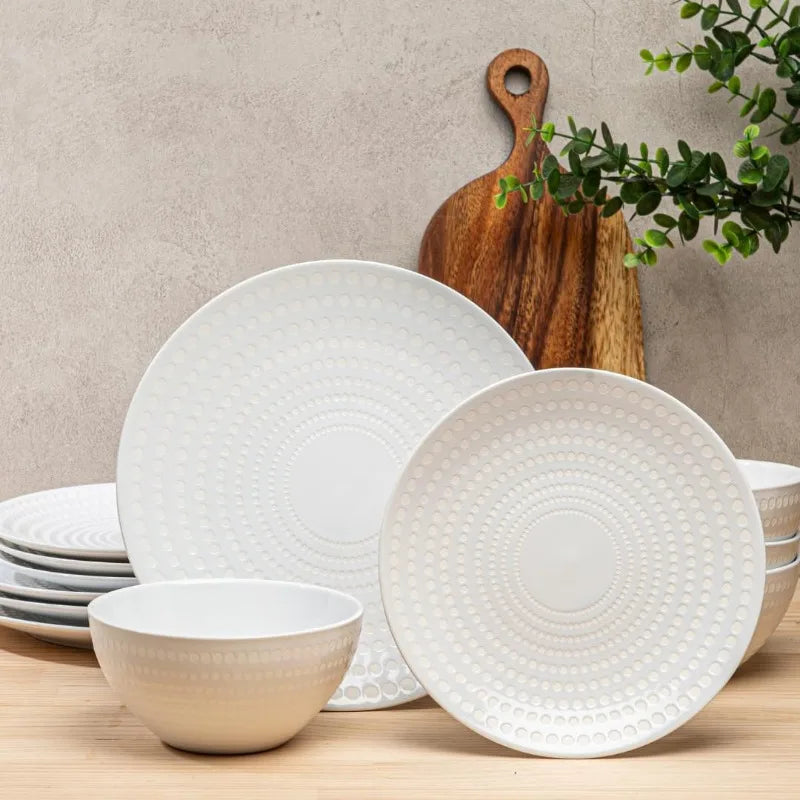 Ceramic Dinnerware Set Serive for 4 (12 Pieces), Stoneware Plates and Bowls for Dining Pearl White Dishes Set With DOTDOT