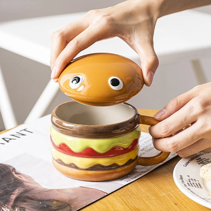 300ml / 10.14oz Ceramic Cup Creative Hamburger Coffee Cup Cute Cartoon Children's Mug Breakfast Oatmeal Milk Cups with Lid Home Cups