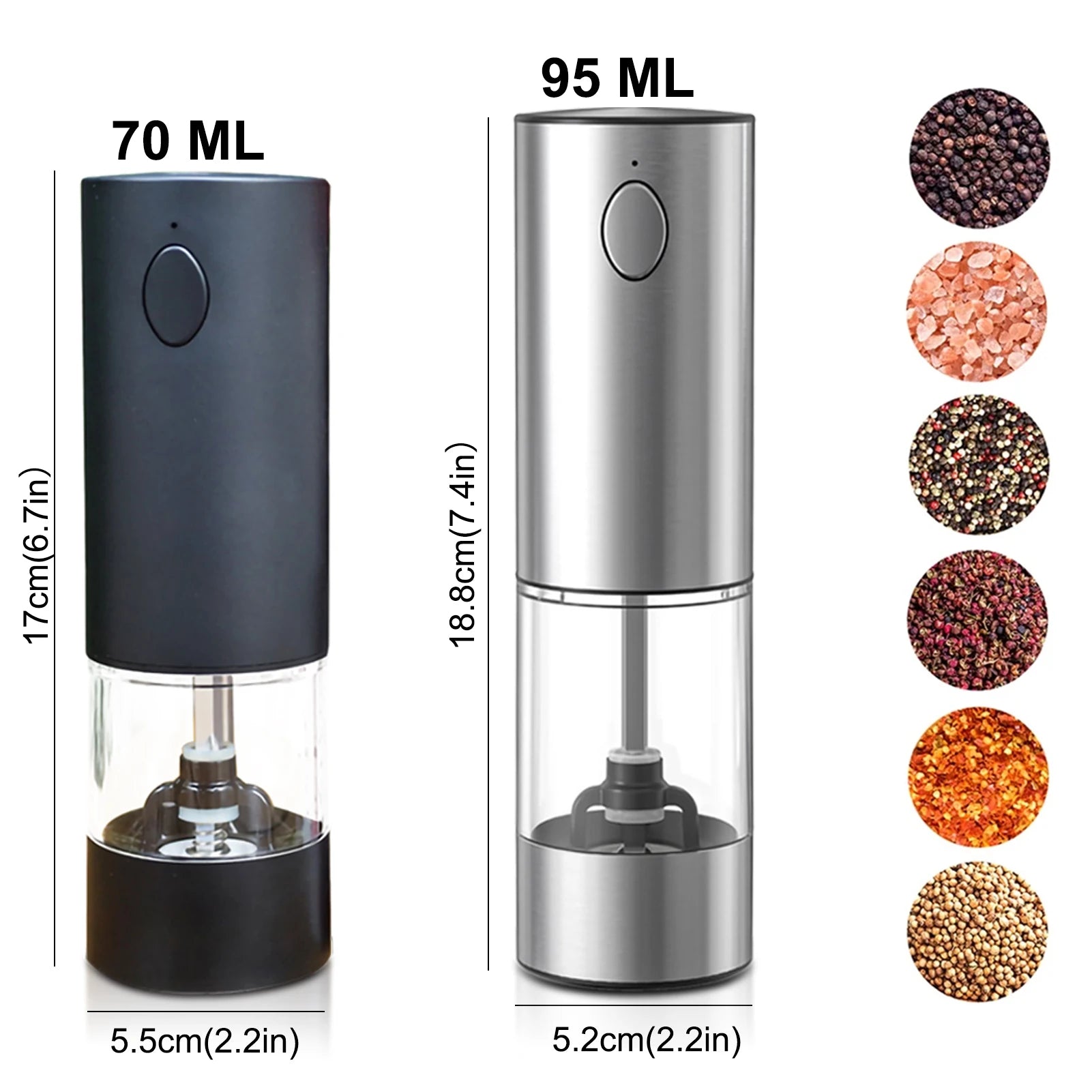 Electric Sea Salt and Pepper Grinder Set Or Single, USB Rechargeable Adjustable Thickness Automatic Spice Dispenser.