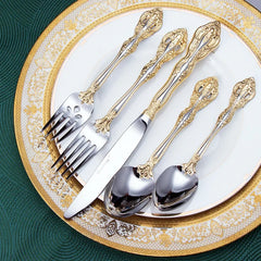 5-piece Set of 304 Stainless Steel Knife Fork and Spoon Retro Gold-plated Cutlery Set Steak Knife and Fork Gold Silverware Set