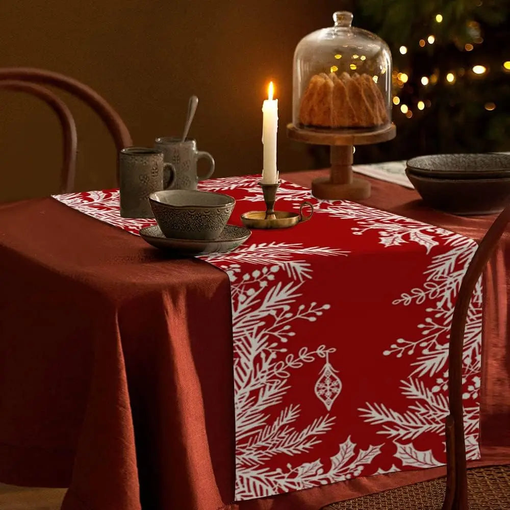 Christmas Floral Leaf Red Linen Table Runner, Winter Holiday Kitchen Dining Table Runner, Navidad Decorations