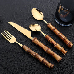 24Pcs Bamboo Tableware Sets Stainless Steel Bamboo Cutlery Set Purely Natural Handle Flatware Set.