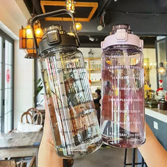 2L Large Capacity Plastic Water Cup Straw Water Bottle Portable Drink Bottle with Time Marker for Outdoor Sports Fitness.