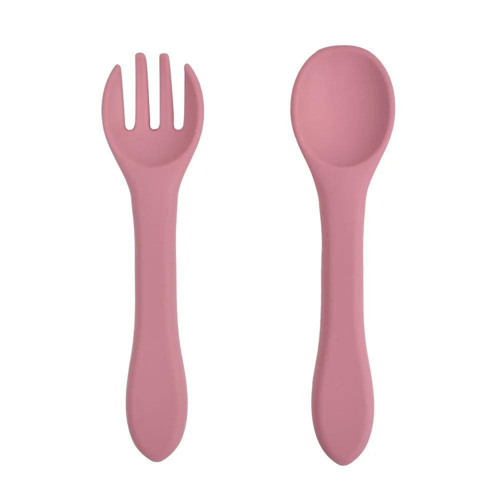 Food-grade Silicone Baby Products Baby Eating Spoon and Fork Set. Training Tableware.