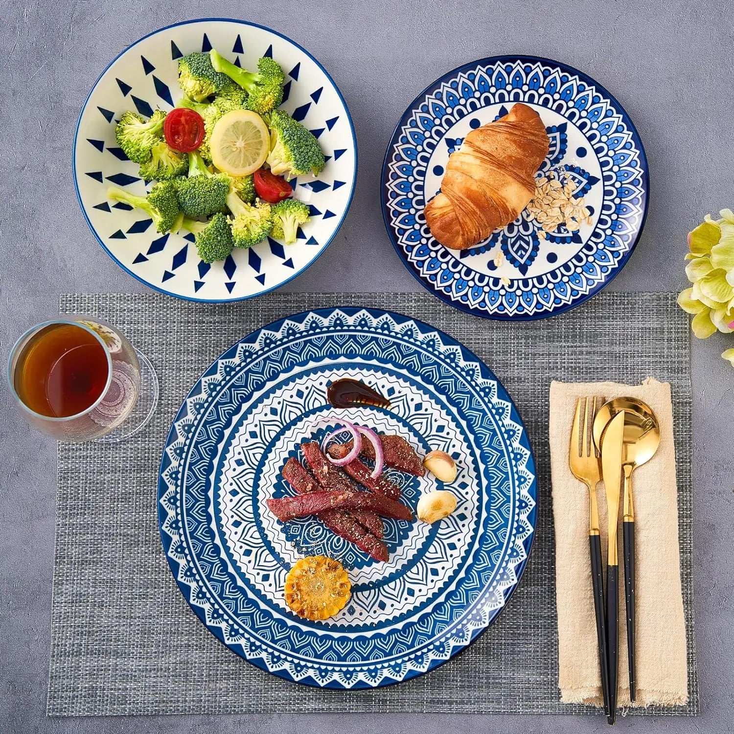 Vintage Blue, Ceramic 12-Pieces Dinnerware Sets of 4. Dinner, Salad and Dessert Plates, and Cereal Bowls Set.