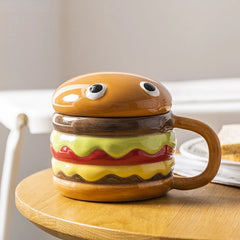 300ml / 10.14oz Ceramic Cup Creative Hamburger Coffee Cup Cute Cartoon Children's Mug Breakfast Oatmeal Milk Cups with Lid Home Cups