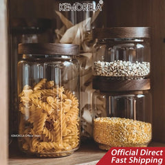 Wooden Lid Glass Airtight Food Storage Bottle Jars.