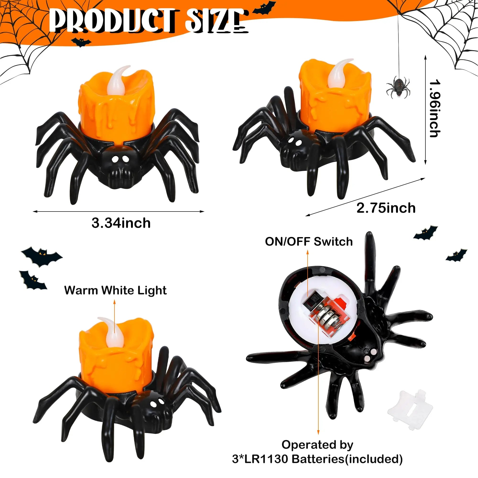 6 PCS Halloween Tea Lights Candles, Battery Operated Halloween Flameless LED Candles, Halloween Spider Tealights Spooky Electric