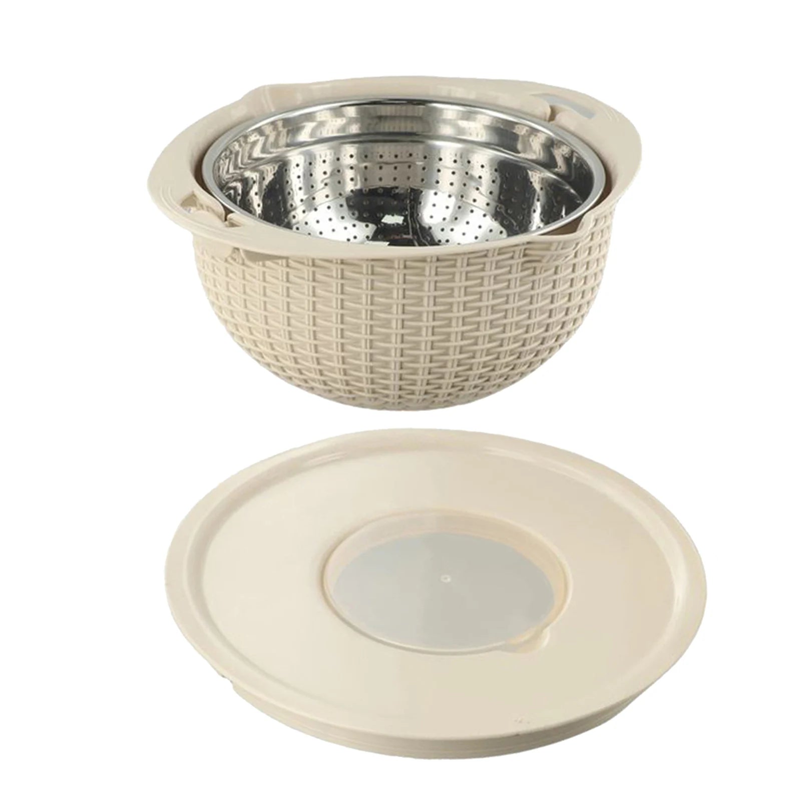 4 IN 1 Stainless Steel Colander With Mixing Bowl Set Multifunctional Double Layer Rotatable Salad Spinner.