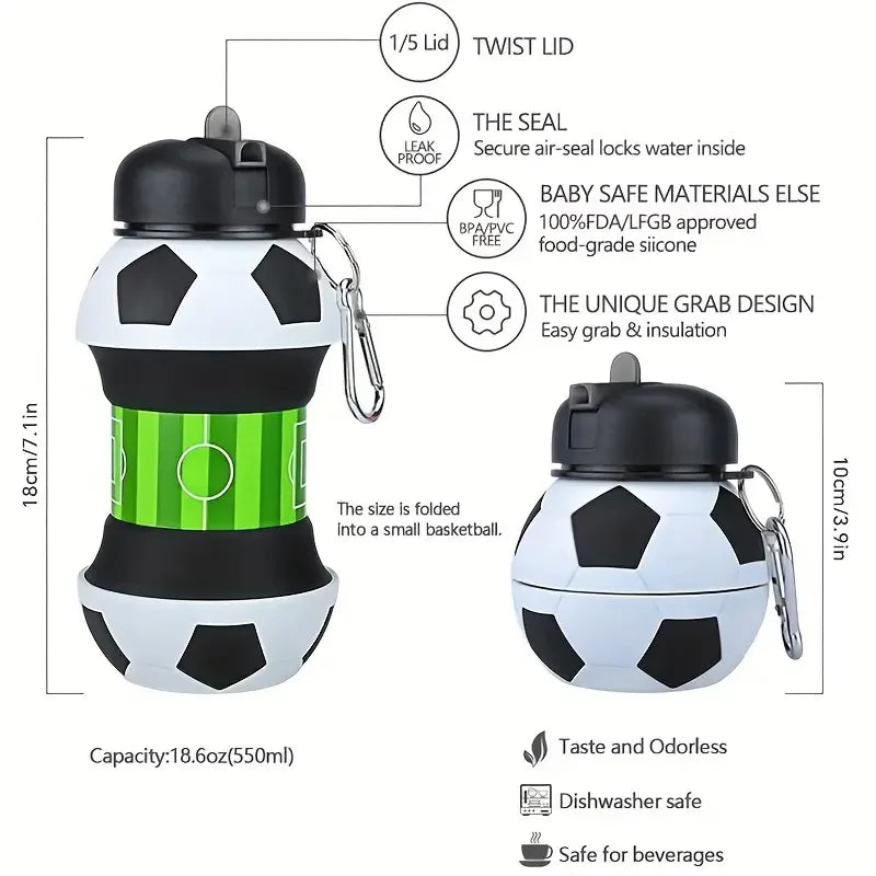 550ml - 18oz Foldable Football/Soccer/Basketball Silicone Water Bottle, Children/Student Outdoor Sports Water Bottle.