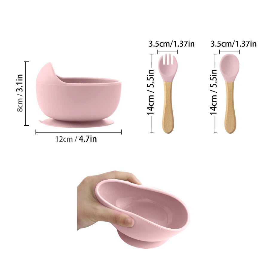 3PCS Food Grade Silicone Baby Feeding Bowl Set Solid Color Dishes Waterproof Feeding Bowl With Spoon Fork Children Tableware