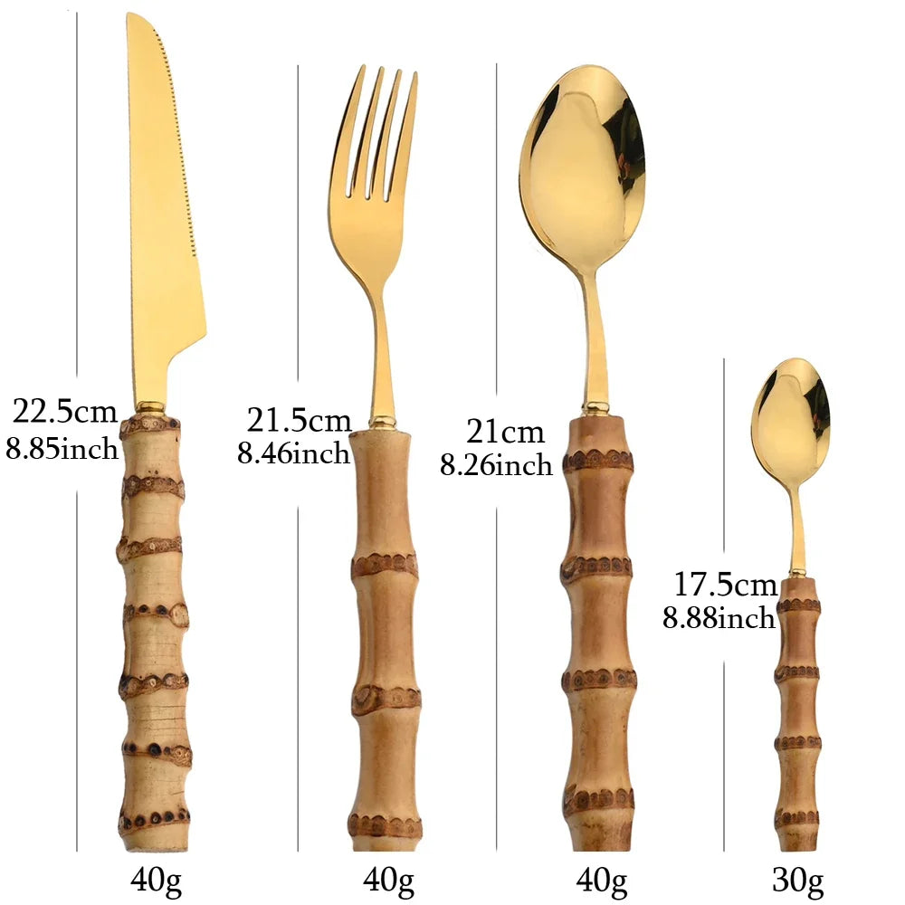 24Pcs Bamboo Tableware Sets Stainless Steel Bamboo Cutlery Set Purely Natural Handle Flatware Set.