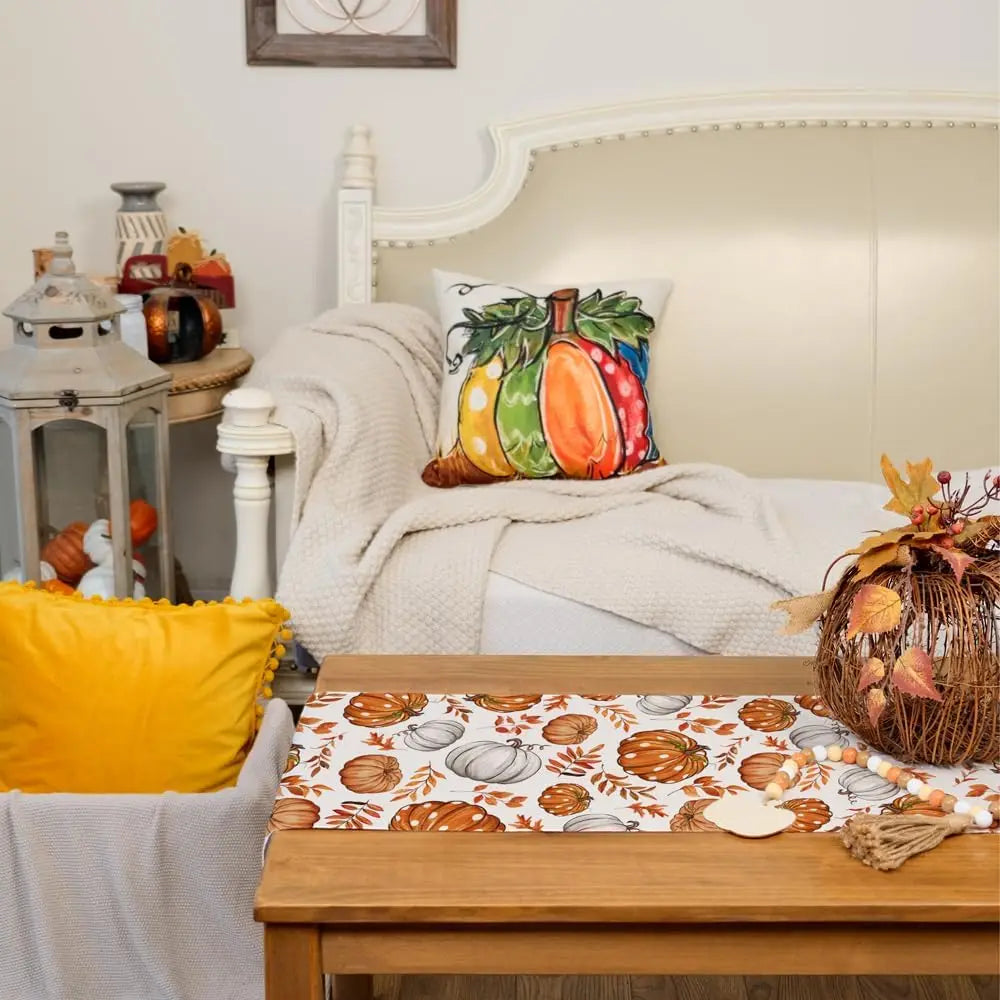 Fall Linen Table Runner Pumpkin Maple Leaves Orange Autumn Seasonal Farmhouse Indoor