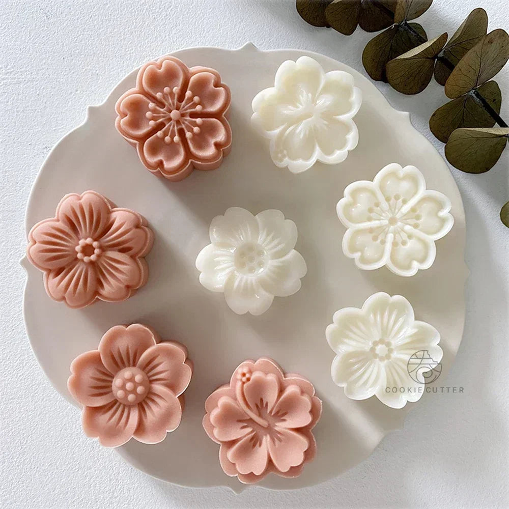 4Pcs/Set Mooncake Mold Cherry Blossom Flowers Sakura Pattern Stamps Hand Press Mold Plungers Pastry Tools Mid-autumn Festival