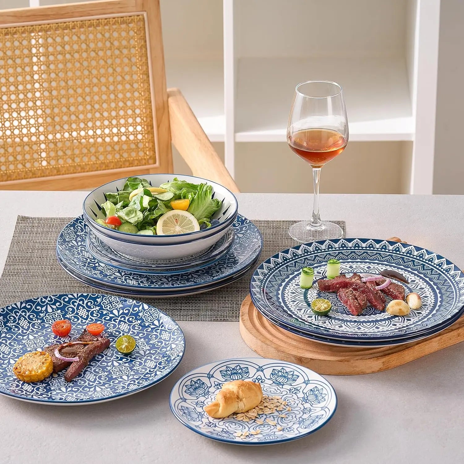 Vintage Blue, Ceramic 12-Pieces Dinnerware Sets of 4. Dinner, Salad and Dessert Plates, and Cereal Bowls Set.