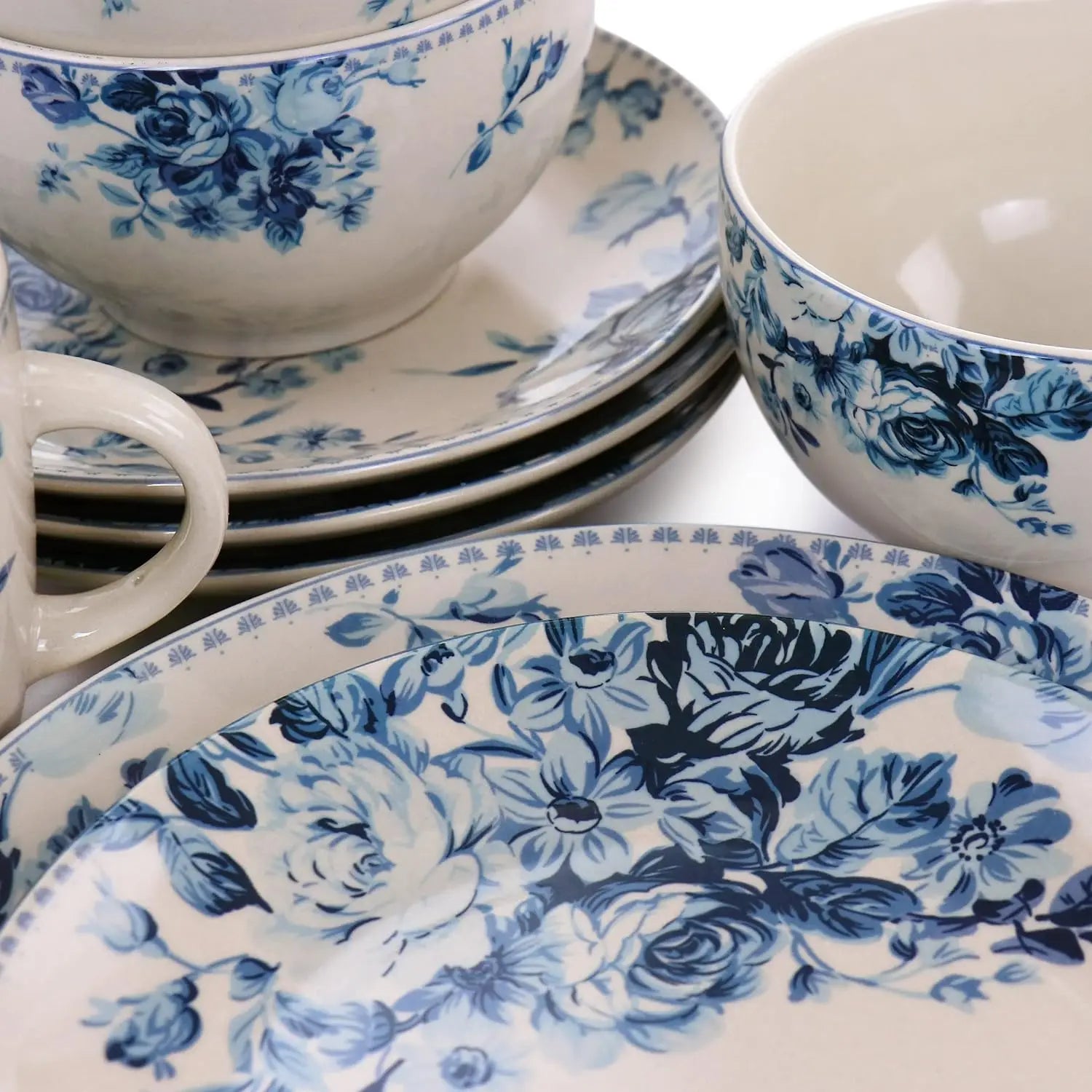 Traditional Dessert Rose 16 Piece Dinnerware Set, Desert with Blue Rose Accents