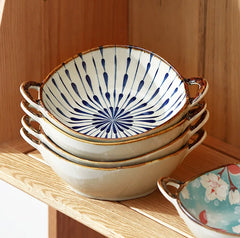 Japanese Ceramic Bowl 7.5inch Hand Painted Soup Noodle Bowl with Handle Irregular Bowl Breakfast Bowl for Microwave, Oven, Bakeware.