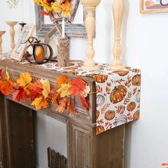 Fall Linen Table Runner Pumpkin Maple Leaves Orange Autumn Seasonal Farmhouse Indoor