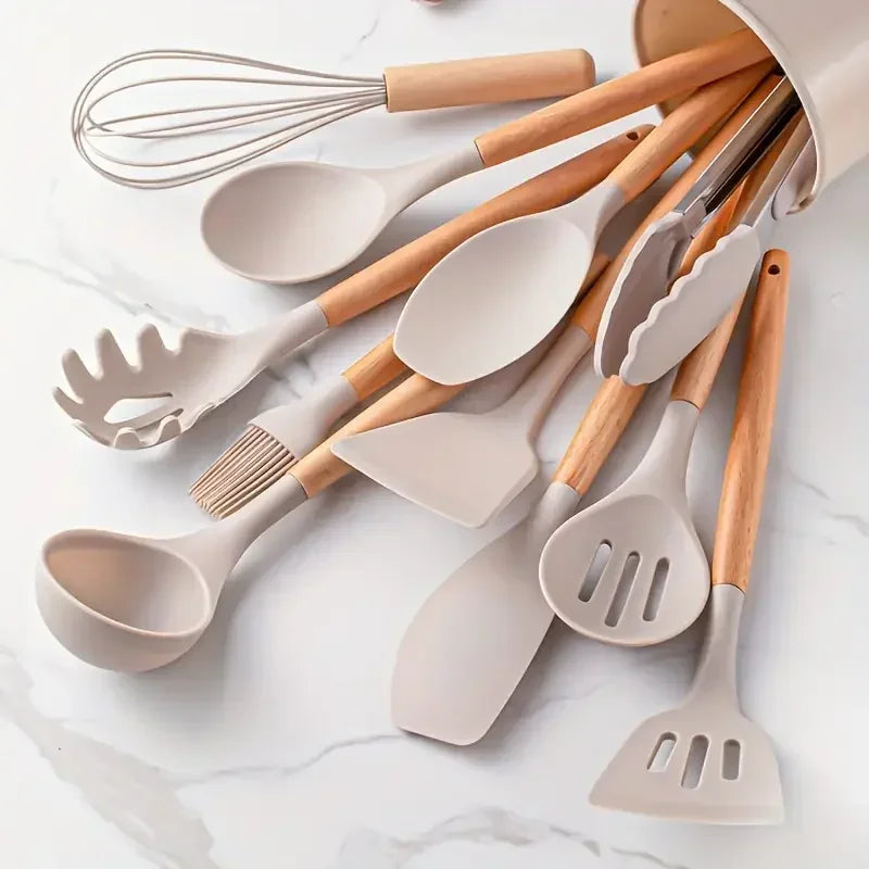 12pcs Set of Silicone Wooden Handle, Heat Resistant Cooking Utensils.