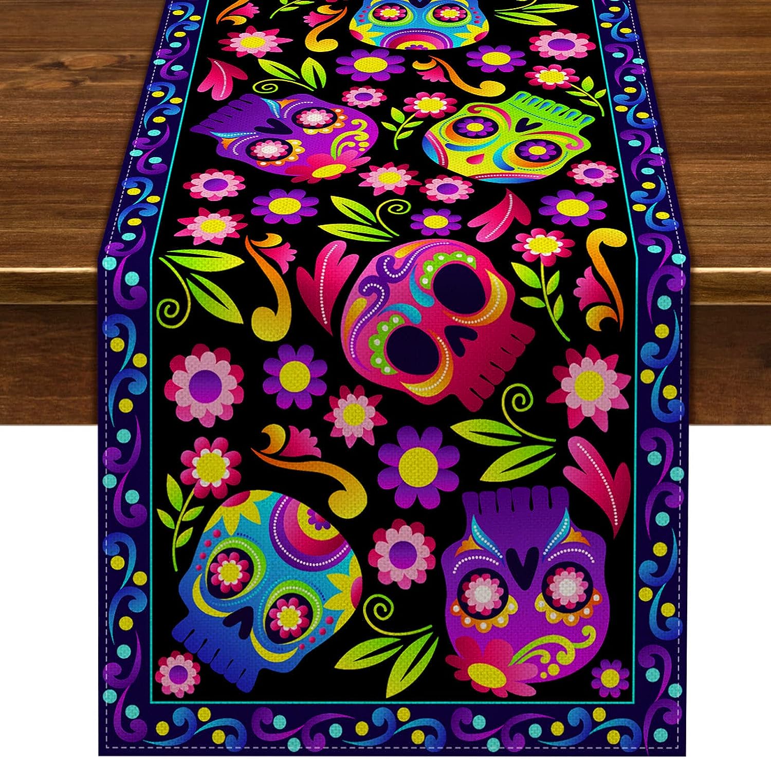 Mexican Day of The Dead Linen Table Runner Holiday Party Decor Sugar Skull Dia De Los Muertos Dining Table Runner Home Decor