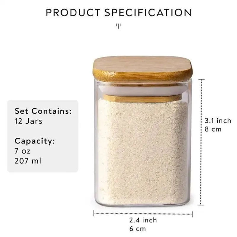 12 Pcs Square or Round Glass Food Storage Containers, Glass Seasoning Jars with Bamboo Lid and Printed Labels.