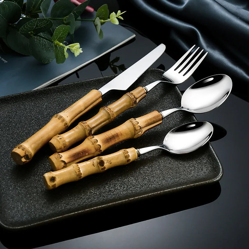 Dinnerware Sets Original Nature Bamboo Handle Stainless Steel Upscale Cutlery Fork Spoon