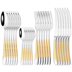 24Pcs Flatware Sets Stainless Steel Dinnerware Western Kitchen Cutlery Knife Fork Tea Spoon, Silver Tableware Dinner Set.