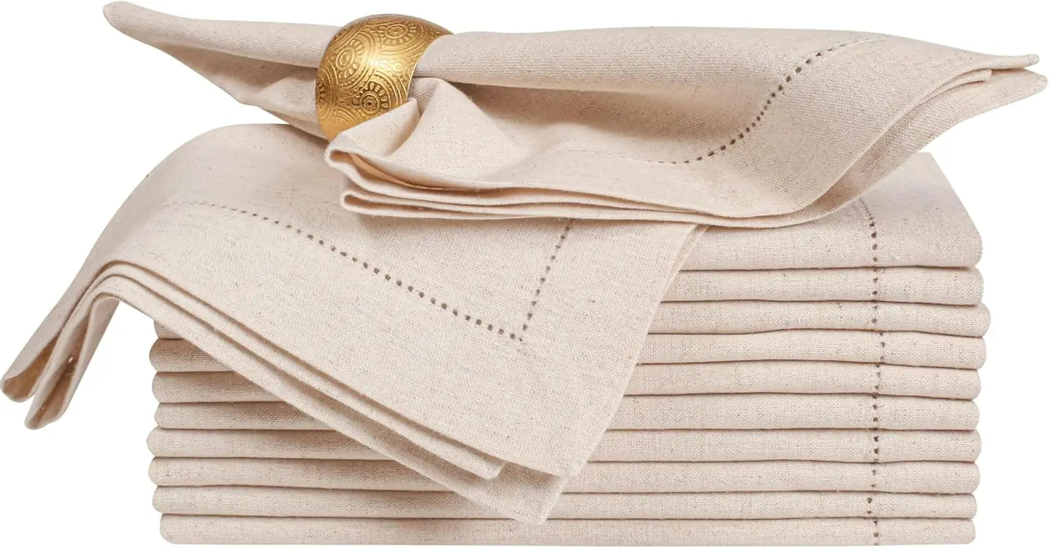 Set of 6 Hemstitched Linen Cloth Napkins. Nature Color Dinner Napkins. Washable Flax Cloth