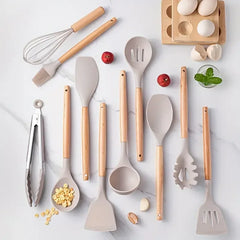 12pcs Set of Silicone Wooden Handle, Heat Resistant Cooking Utensils.