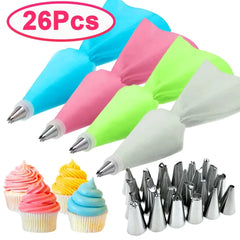 Good 26/8pcs Silicone Pastry Bag Kitchen DIY Icing Piping Cream Reusable Pastry Bag With 24 Nozzle Sets Cake Decorating Tools