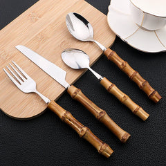 24Pcs Bamboo Tableware Sets Stainless Steel Bamboo Cutlery Set Purely Natural Handle Flatware Set.