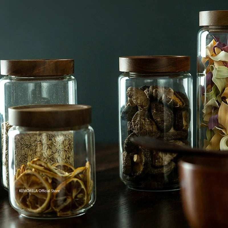 Wooden Lid Glass Airtight Food Storage Bottle Jars.