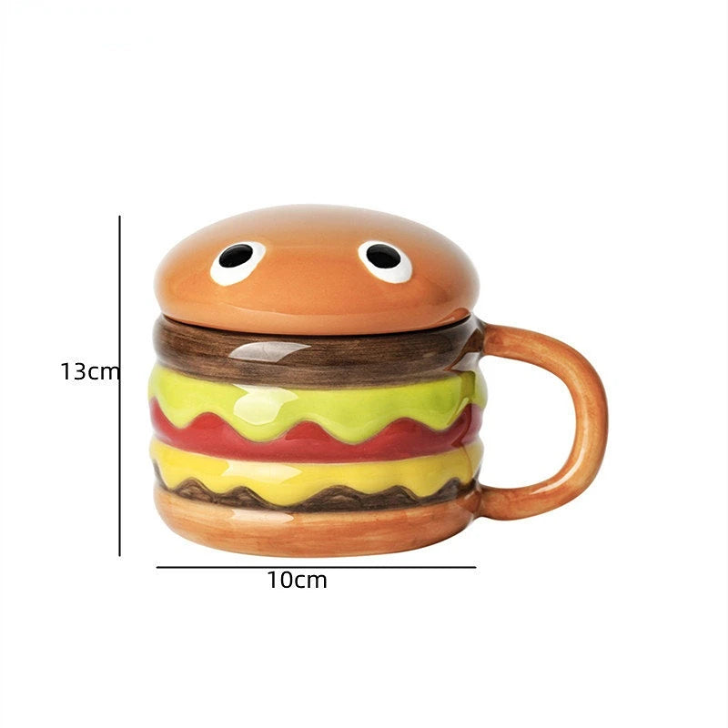 300ml / 10.14oz Ceramic Cup Creative Hamburger Coffee Cup Cute Cartoon Children's Mug Breakfast Oatmeal Milk Cups with Lid Home Cups