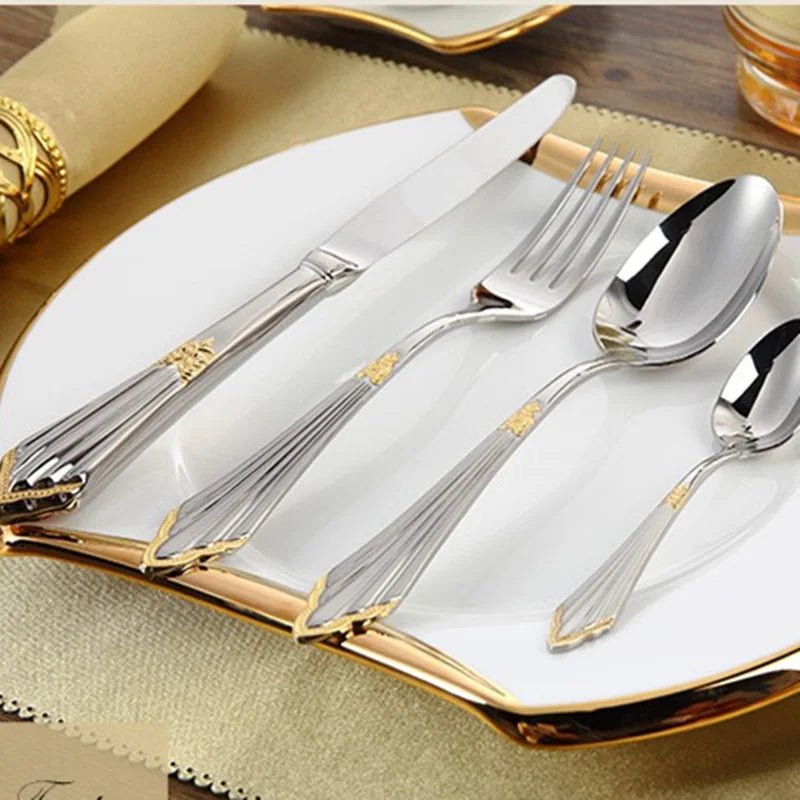 4Pcs Luxury Partial Gold Cutlery, Dinnerware And Tableware Dinner Set For One.