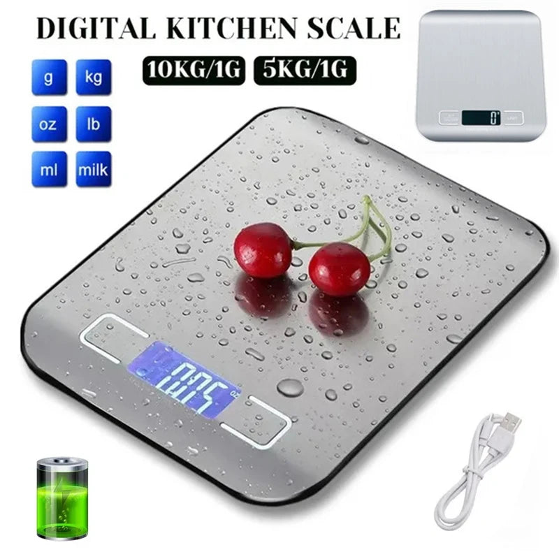 5kg - 11Lb / 10kg - 22Lb Precise Small And Portable Stainless Steel Digital Kitchen Panel Scale, USB Charging Multifunction LCD Display.