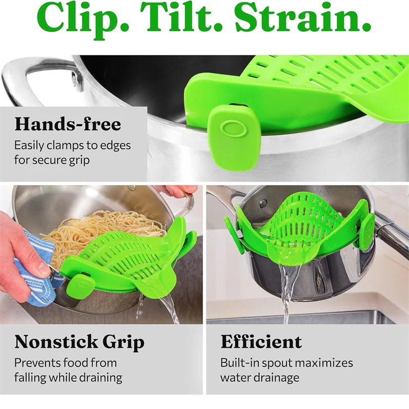 Clip-On Colander / Strainer For Pasta And Beef Grease.